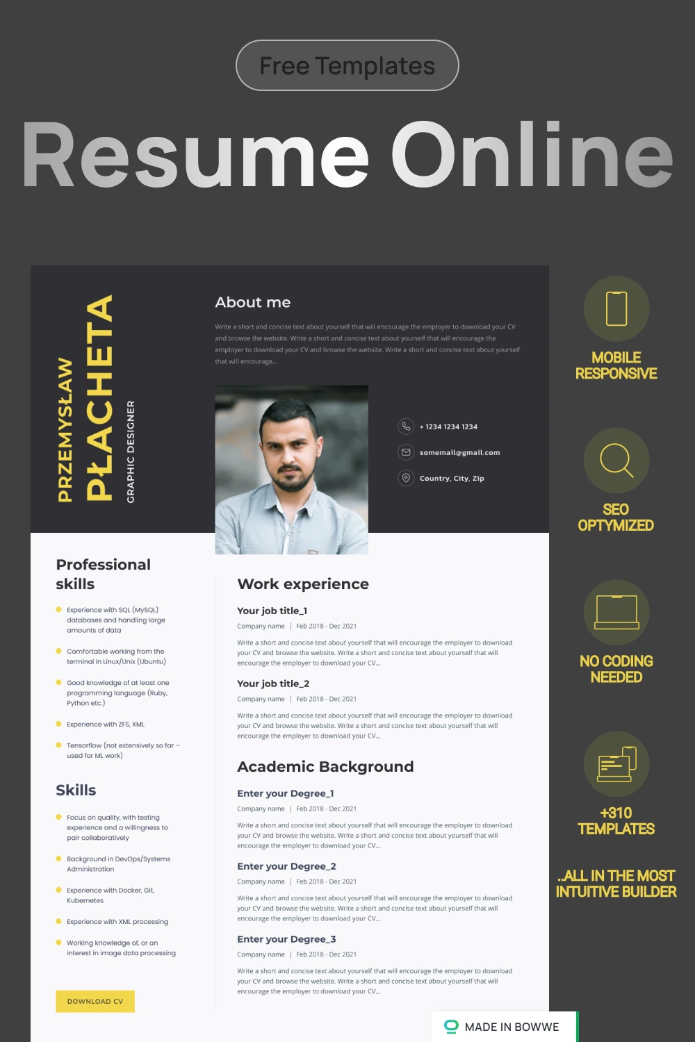 Resume template from BOWWE Resume Builder with yellow details