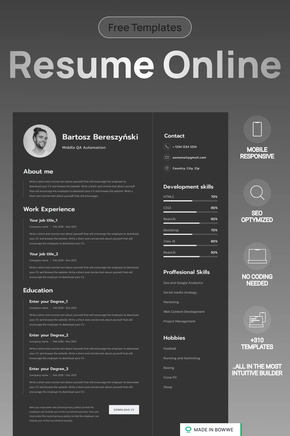 Black and white Resume template from BOWWE Resume Builder