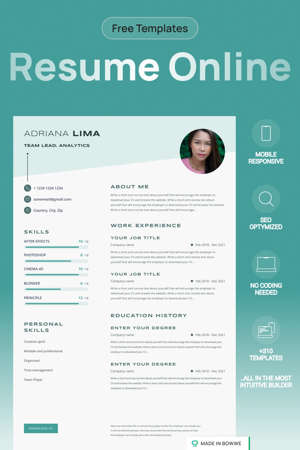 Resume template from BOWWE Resume Builder with mint details