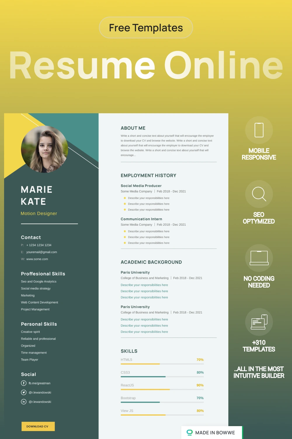 Yellow-green resume template from BOWWE Resume Builder 