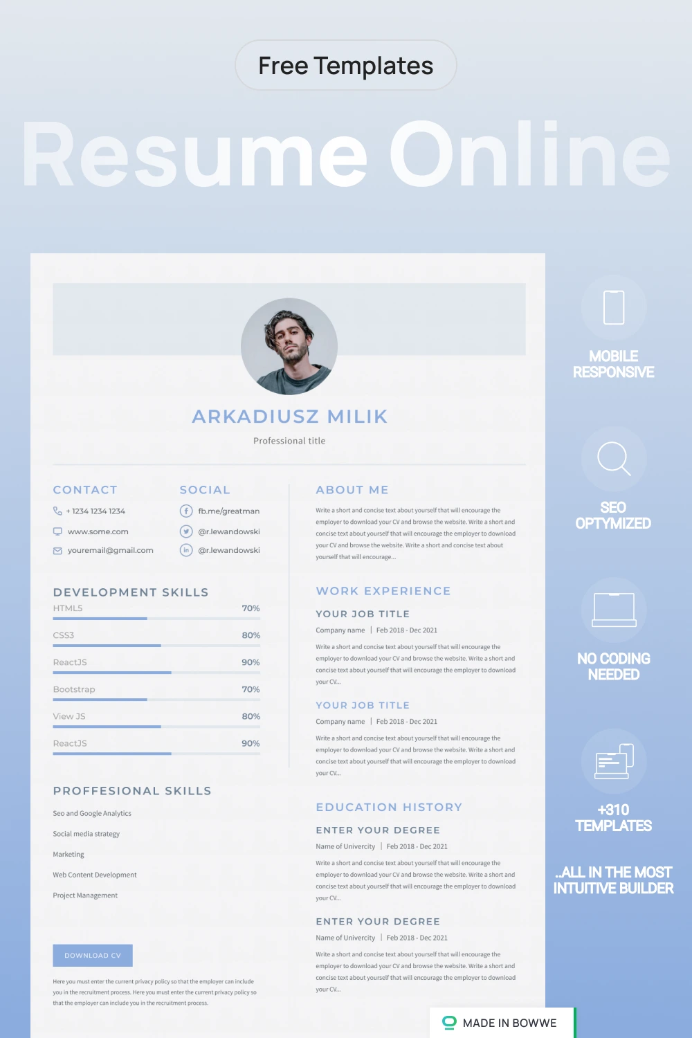 Blue resume template from BOWWE Resume Builder