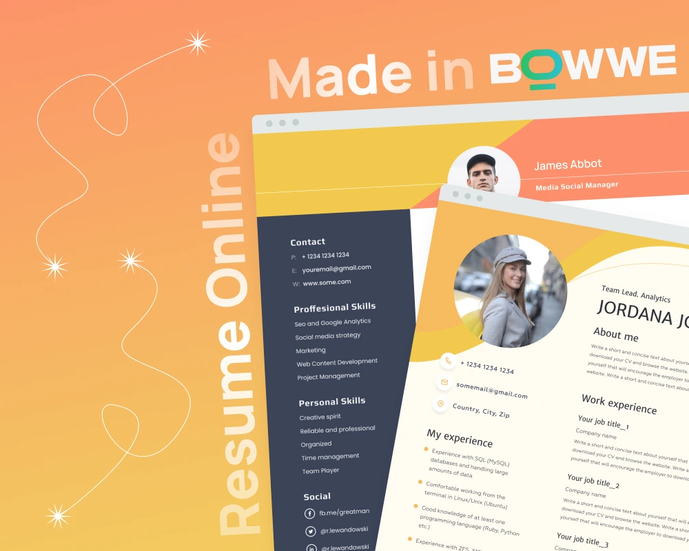 Resume templates made in BOWWE Resume Builder on yellow-orange background