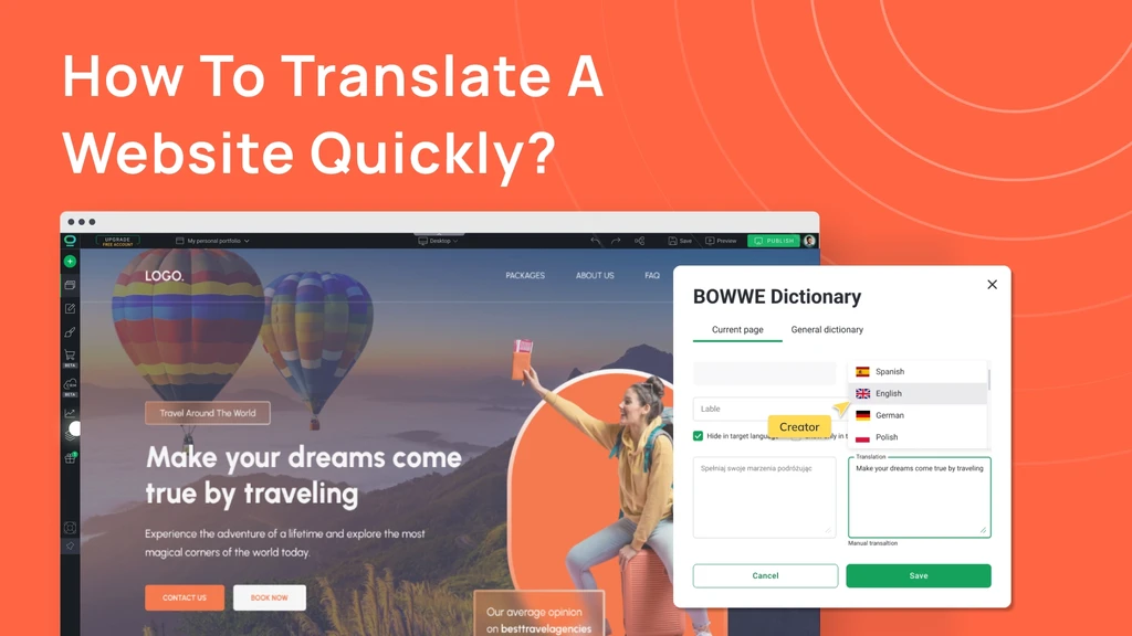 BOWWE AI Website Builder with translation feature on oragne background